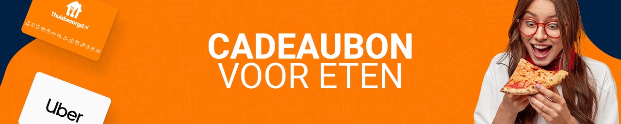 Cadeaubon voor eten banner Een oranje banner met een dame die pizza eet aan de rechterkant