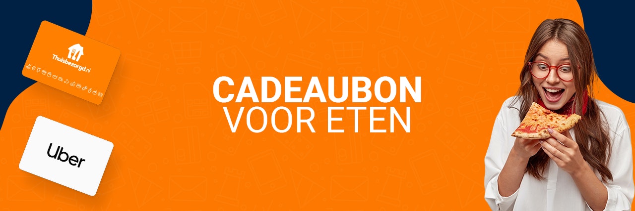 Een oranje banner met een dame die pizza eet aan de rechterkant
