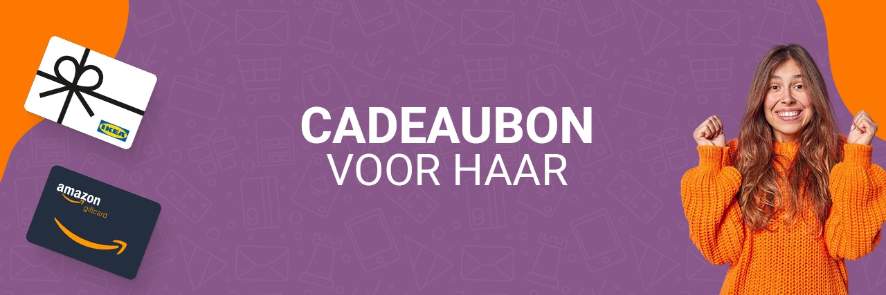 Cadeaubon voor haar Een vrouw in oranje sweater op paarse achtergrond. Ze ziet er blij uit, aan de linkerkant zie je cadeaukaarten voor Amazon en Ikea.