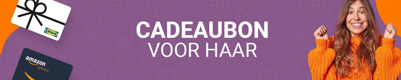 Cadeaubon voor haar Een vrouw in oranje sweater op paarse achtergrond. Ze ziet er blij uit, aan de linkerkant zie je cadeaukaarten voor Amazon en Ikea.