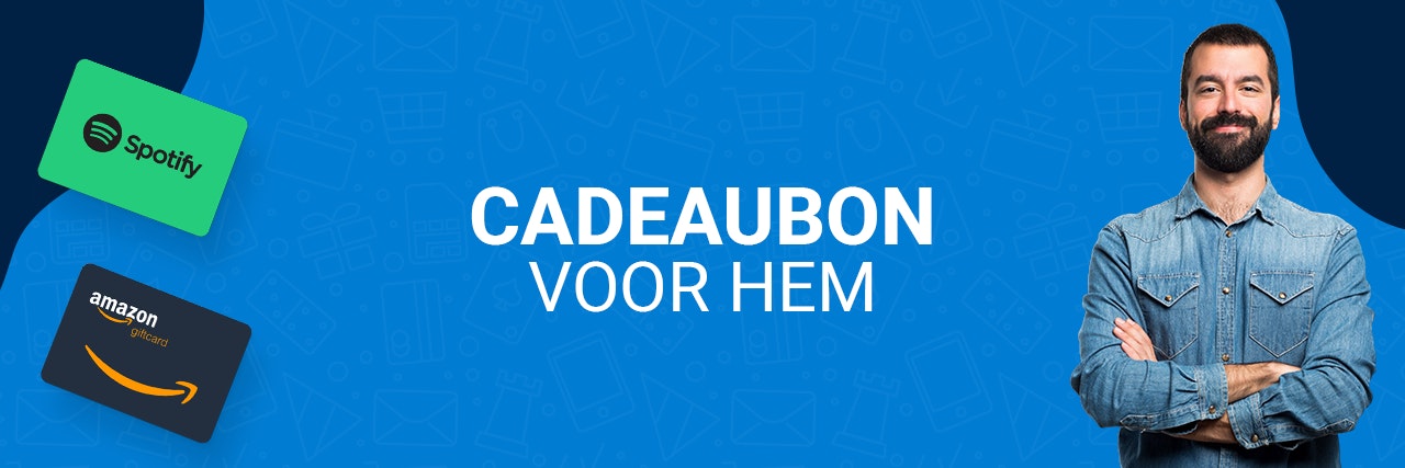 Blauwe banner met een Spotify en Amazon gift ard. Een man met de armen over elkaar staat aan de rechterkant.