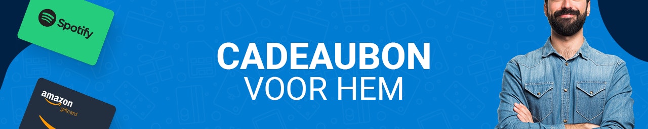 Cadeaubon voor hem header Blauwe banner met een Spotify en Amazon gift ard. Een man met de armen over elkaar staat aan de rechterkant.