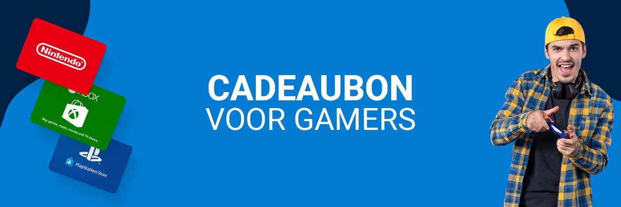 Een blauwe banner met console gift cards aan de linkerkant zoals nitnendo, xbox en playstation. Rechts staat een man in blauw-geel geruite jas die een controller vast houdt.