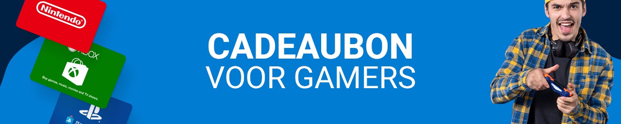 Cadeau voor gamers banner Een blauwe banner met console gift cards aan de linkerkant zoals nitnendo, xbox en playstation. Rechts staat een man in blauw-geel geruite jas die een controller vast houdt.