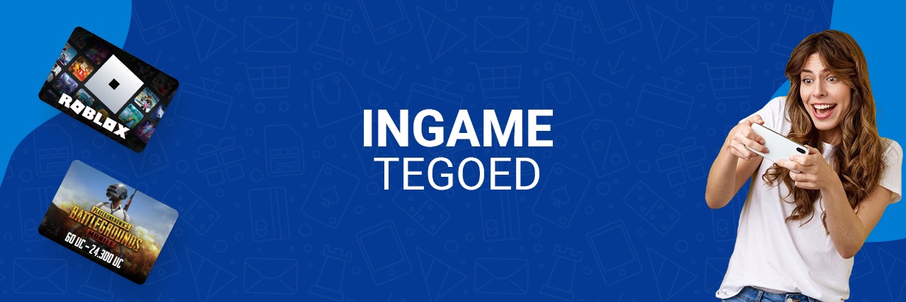 een blauwe banner met roblox en pubg tegoed. Aan de rechterkant houdt een vrouw in wit shirt een console vast
