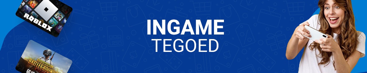 In game tegoed banner een blauwe banner met roblox en pubg tegoed. Aan de rechterkant houdt een vrouw in wit shirt een console vast