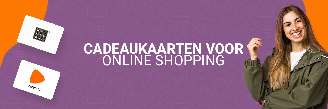 online shoppen cadeaukaarten banner Een paars met oranje banner voor cadeaukaarten online shoppen met een dame aan de rechterkant.