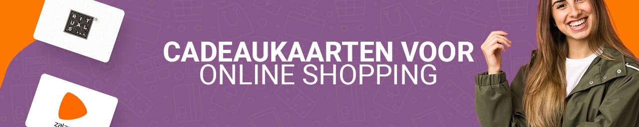 online shoppen cadeaukaarten banner Een paars met oranje banner voor cadeaukaarten online shoppen met een dame aan de rechterkant.