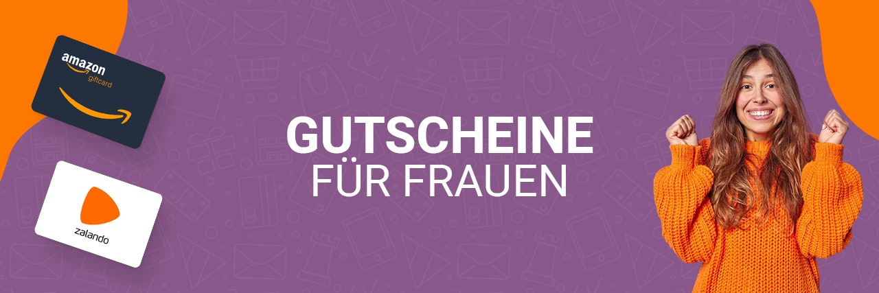 Links im Bild ist ein Amazon- und Zalando-Gutschein sichtbar. Rechts ist eine aufgeregte Frau mit gehobenen Armen zu sehen. Mittig steht der Text „Gutscheine für Frauen“ auf einem violetten Hintergrund.