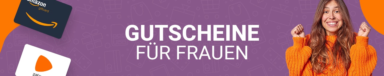 Gutscheine für Frauen Schweiz Links im Bild ist ein Amazon- und Zalando-Gutschein sichtbar. Rechts ist eine aufgeregte Frau mit gehobenen Armen zu sehen. Mittig steht der Text „Gutscheine für Frauen“ auf einem violetten Hintergrund.