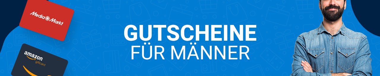 Gutscheine für Männer Deutschland Links im Bild ein MediaMarkt- und Amazon-Gutschein. Rechts ist ein glücklicher Mann mit verschränkten Armen zu sehen. In der Mitte steht „Gutscheine für Männer“ auf blauem Hintergrund.