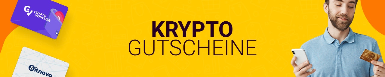 Kryptowährungen kaufen Zwei Krypto-Gutscheine links im Bild von Cryptovoucher und Bitnovo. Rechts hält eine Person ein Handy und eine Karte. In der Mitte steht „Krypto-Gutscheine“ auf gelben Hintergrund.