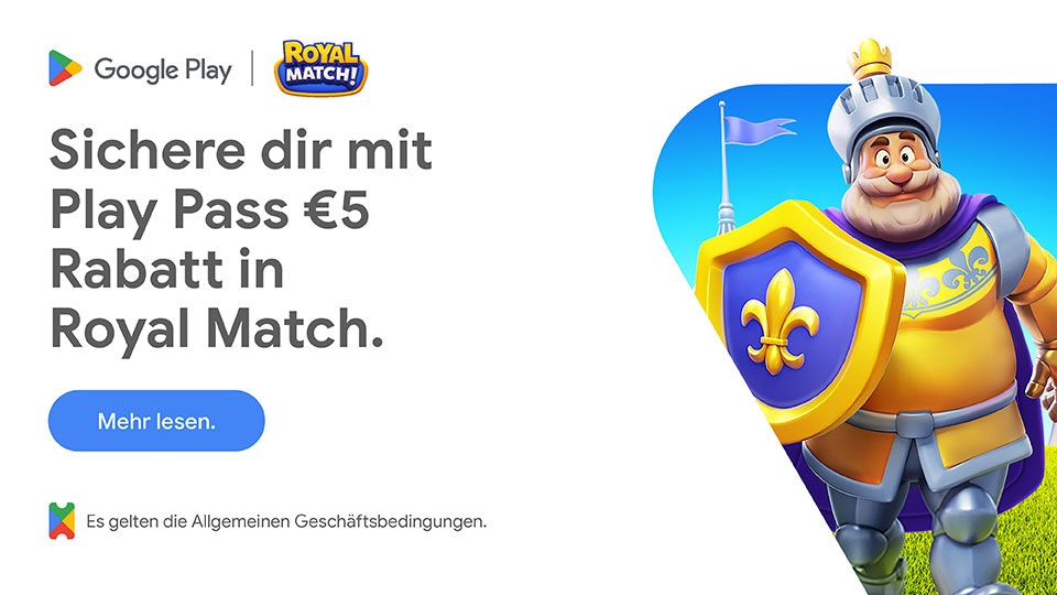 Sichere dir mit Play Pass €5 Rabatt in Royal Match. Sichere dir mit Play Pass €5 Rabatt in Royal Match.