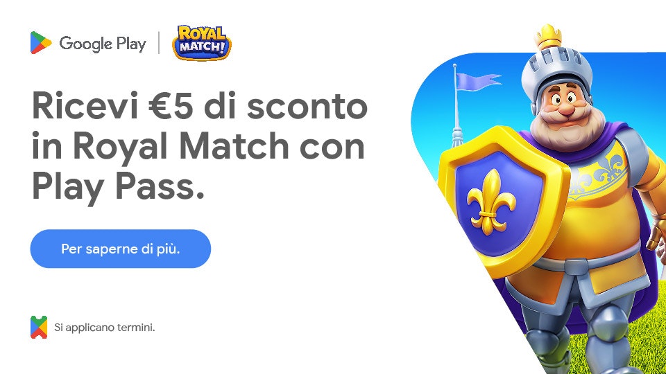 Ricevi €5 di sconto in Royal Match con Play Pass. Ricevi €5 di sconto in Royal Match con Play Pass.