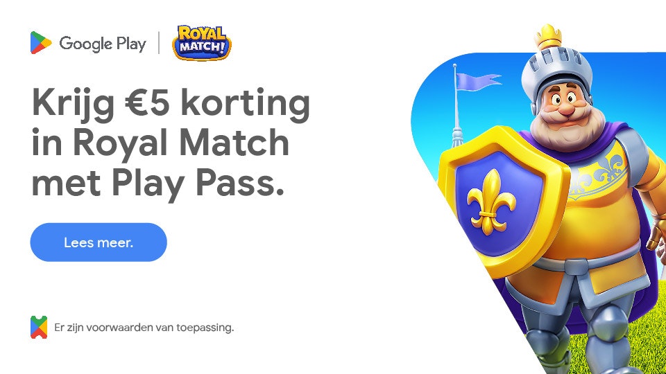 Krijg €5 korting in Royal Match met Play Pass.