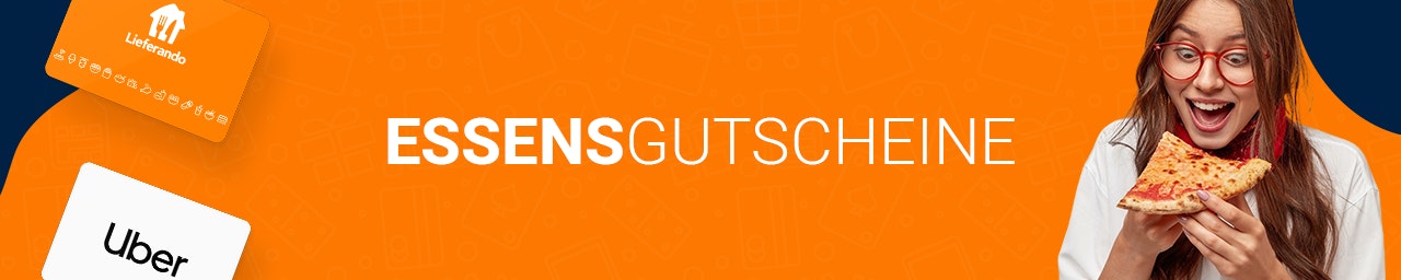 Essensgutscheine bei dundle Zwei Geschenkkarten von Lieferando und Uber an der linken Seite, Titel mit „Essensgutscheine“ in der Mitte und eine Person, die eine Pizza isst rechts.