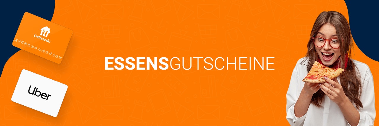 Zwei Geschenkkarten von Lieferando und Uber an der linken Seite, Titel mit „Essensgutscheine“ in der Mitte und eine Person, die eine Pizza isst rechts.