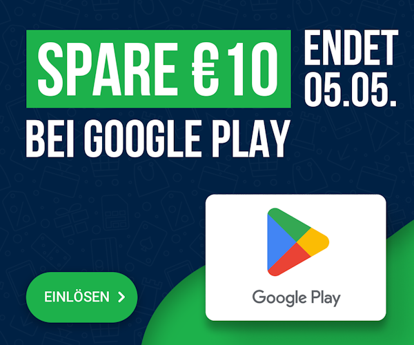 Ein grünes und blaues Banner mit einer Google Play-Karte, auf der steht: „10 € gratis bei Google Play