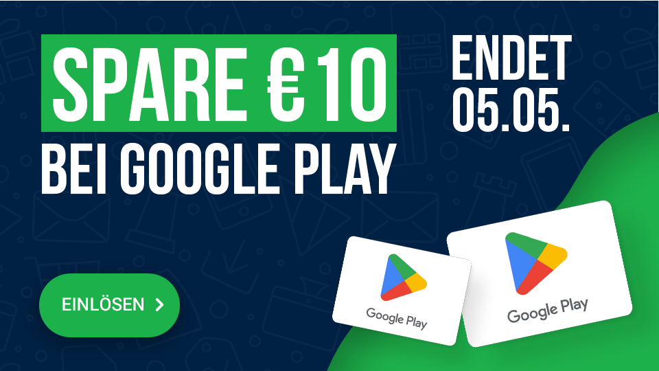 Ein grünes und blaues Banner mit einer Google Play-Karte, auf der steht: „10 € gratis bei Google Play