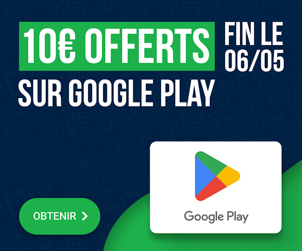 Une bannière verte et bleue avec une carte Google Play qui dit Obtenez 10 € gratuits sur Google Play.