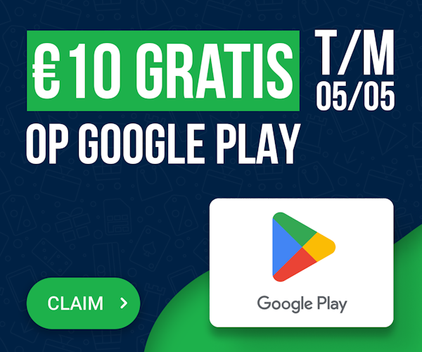 Een groene en blauwe banner met een Google Play-kaart met de tekst Ontvang €10 gratis op Google Play