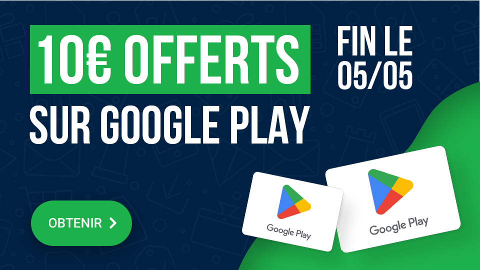 Une bannière verte et bleue avec une carte Google Play qui dit Obtenez 10 € gratuits sur Google Play.