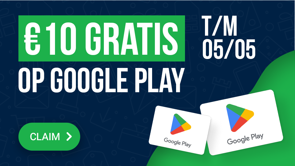 Een groene en blauwe banner met een Google Play-kaart met de tekst Ontvang €10 gratis op Google Play
