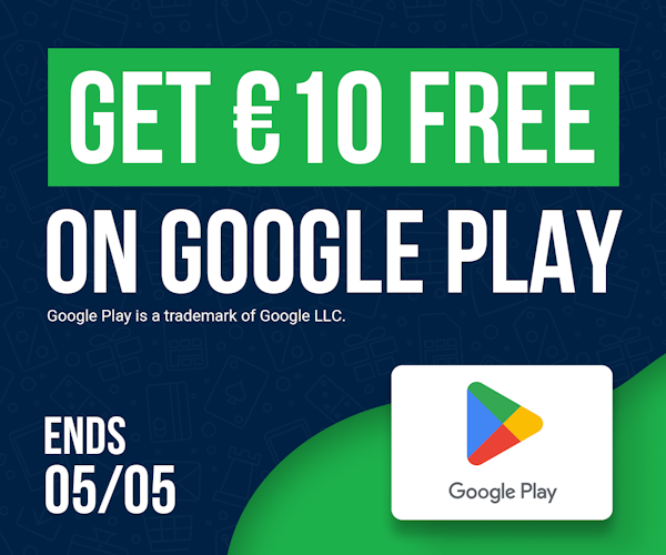 A green and blue background with the Google Play card on the right hand side