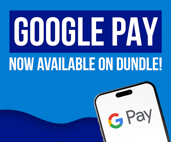 A blue banner with Google Pay logo on the bottom right