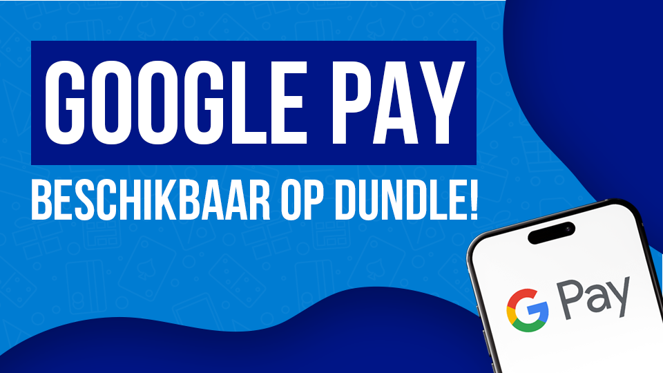 Een blauwe banner met Google Pay-logo rechtsonder