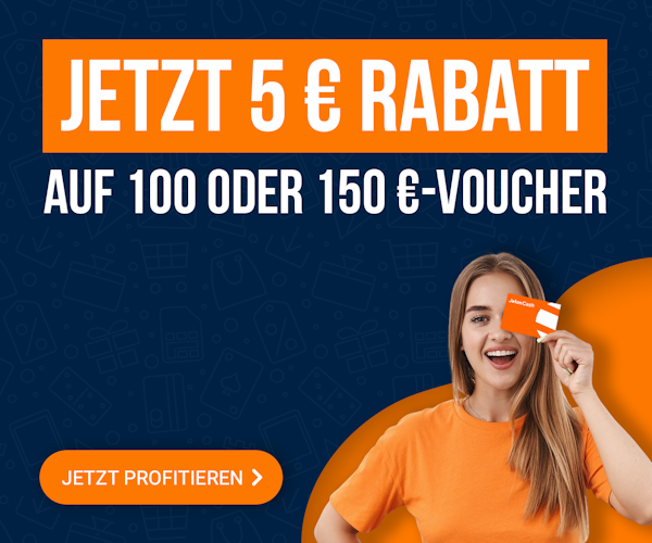 Großer Titel mit „Jetzt 5 € Rabatt auf 100 oder 150 €-Voucher“, unterhalb davon ist eine Person zu sehen, die eine Jeton Cash-Karte vor ihr Gesicht hält.