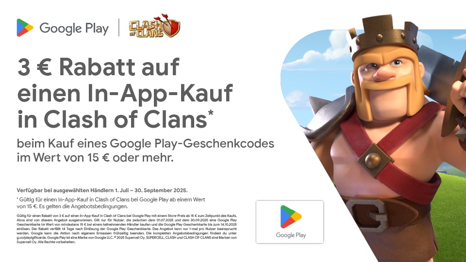 3 € Rabatt auf einen In-App-Kauf in Clash of Clans 3 € Rabatt auf einen In-App-Kauf in Clash of Clans