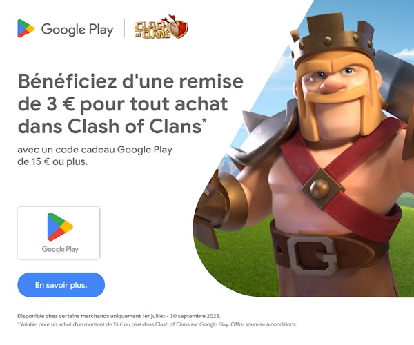 Bénéficiez d'une remise de 3 € pour tout achat dans Clash of Clans