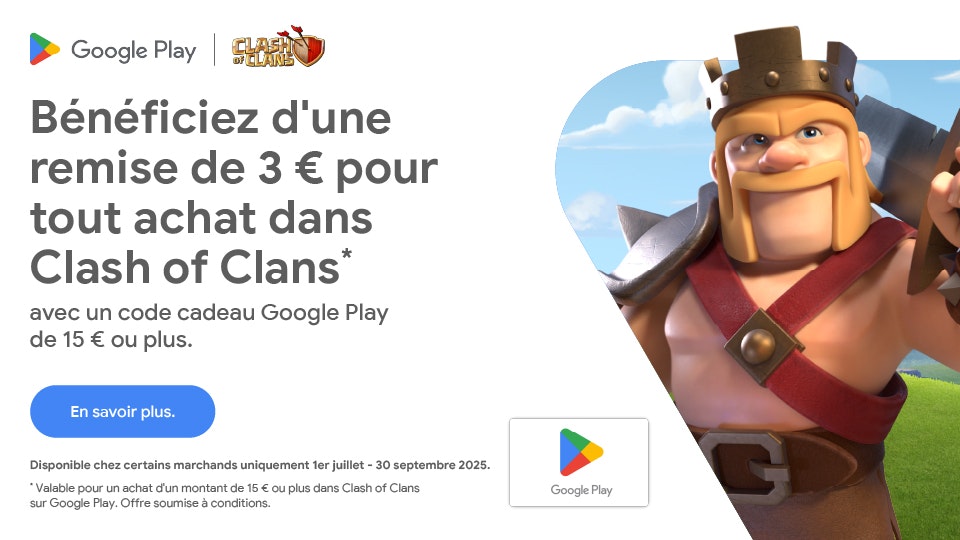 Bénéficiez d'une remise de 3 € pour tout achat dans Clash of Clans