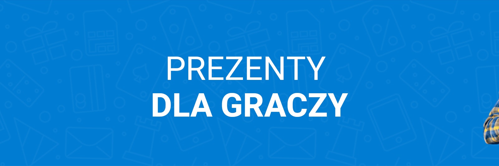 Cyfrowe prezenty dla graczy header Obrazek na niebieskim tle napisem "prezenty dla graczy", przedstawiający trzy karty po prawej stronie do Nintendo, Xboxa i Playstation oraz mężczyznę z padem po lewej stronie.
