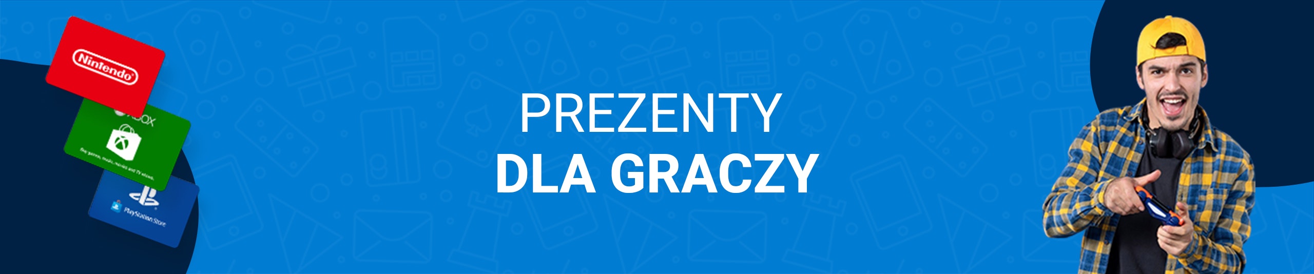 Obrazek na niebieskim tle napisem "prezenty dla graczy", przedstawiający trzy karty po prawej stronie do Nintendo, Xboxa i Playstation oraz mężczyznę z padem po lewej stronie.
