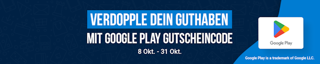 Gewinne heute doppeltes Google Play-Guthaben! Mit Google Play Gutscheincode 8 okt - 31 Okt