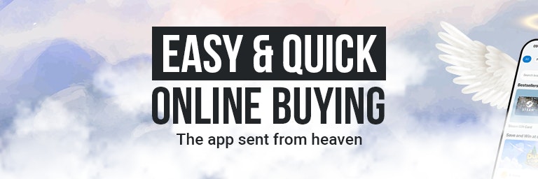 dundle_app_benefits_en An image of a mobile phone with a halo and angel wings in the clouds