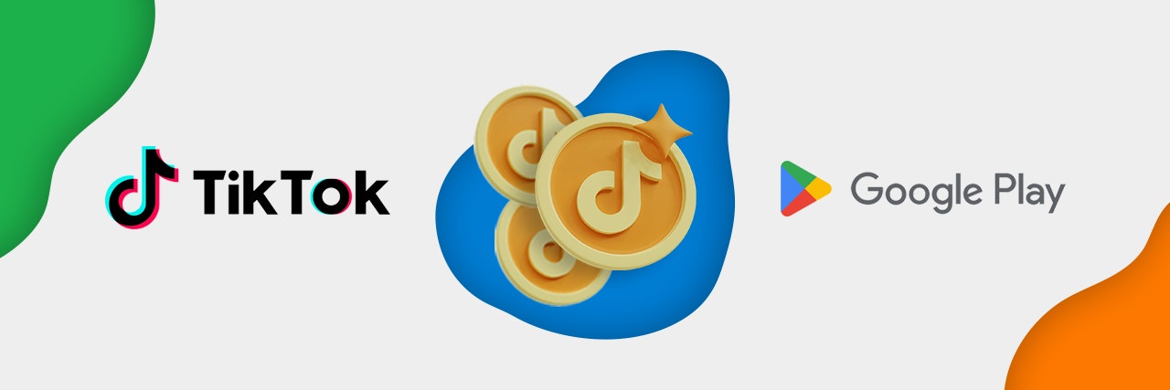 TikTok header image A white banner with the TikTok logo on the left, gold coins with the TikTok logo in the middle and the Google Play logo on the right