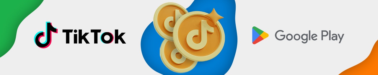 TikTok header image A white banner with the TikTok logo on the left, gold coins with the TikTok logo in the middle and the Google Play logo on the right