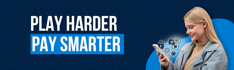 An image of a woman  on the right hand side looking at a smartphone that has digital-related icons floating above it and the words play harder pay smarter written on the left.