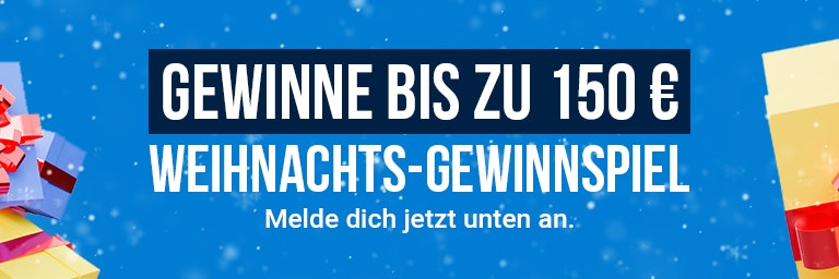 Xmas giveaway header banner A blue banner with multi-colored gift boxes on the right and left with the text 'win up to 150 euro. Advent giveaway' in the center.
