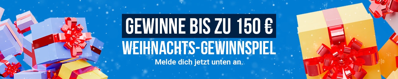 Xmas giveaway header banner A blue banner with multi-colored gift boxes on the right and left with the text 'win up to 150 euro. Advent giveaway' in the center.