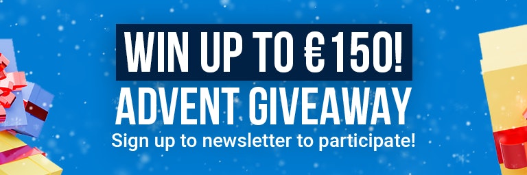 Xmas giveaway header banner A blue banner with multi-colored gift boxes on the right and left with the text 'win up to 150 euro. Advent giveaway' in the center.