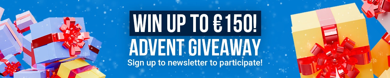 Xmas giveaway header banner A blue banner with multi-colored gift boxes on the right and left with the text 'win up to 150 euro. Advent giveaway' in the center.