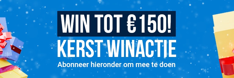 Xmas giveaway header banner A blue banner with multi-colored gift boxes on the right and left with the text 'win up to 150 euro. Advent giveaway' in the center.