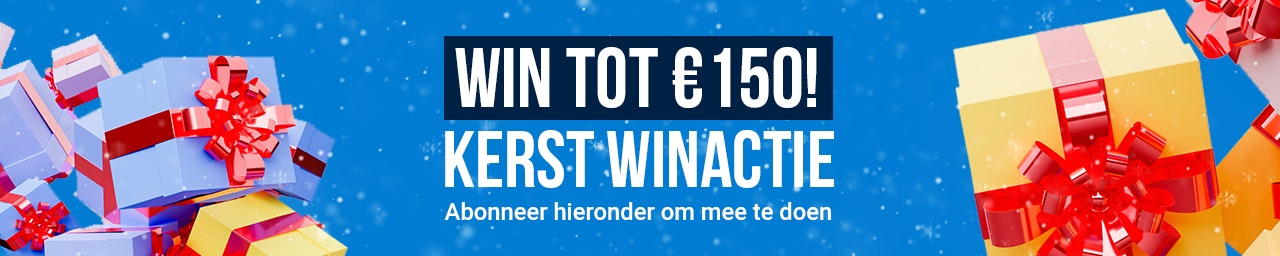A blue banner with multi-colored gift boxes on the right and left with the text 'win up to 150 euro. Advent giveaway' in the center.
