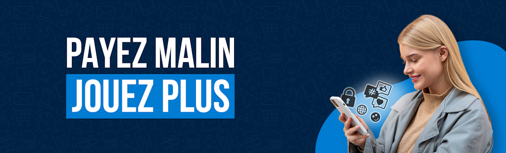 About page header banner - FR An image of a woman on the right hand side looking at a smartphone that has digital-related icons floating above it and the words play harder pay smarter written on the left.