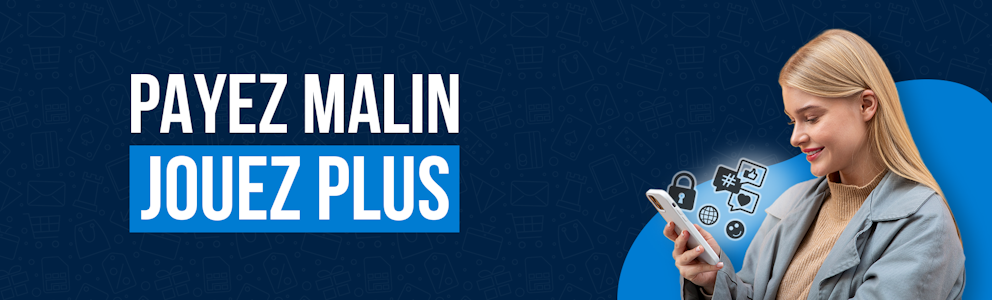 An image of a woman  on the right hand side looking at a smartphone that has digital-related icons floating above it and the words play harder pay smarter written on the left.