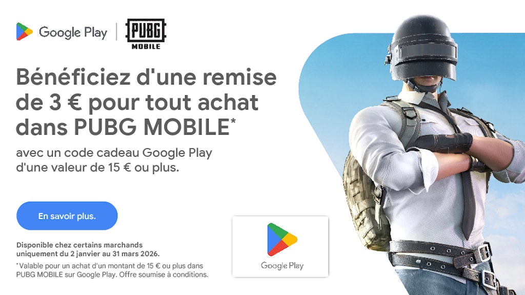 Réduction de 3€ sur PUBG Mobile avec dundle Offre jusqu'au 31 mars sur dundle avec les cartes Google Play